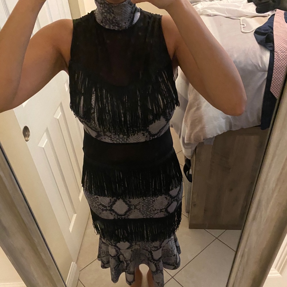 Snakeskin pattern dress with black fringe